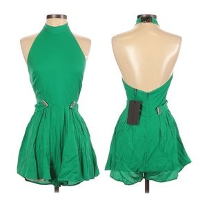 Stylestalker Abbey Emerald Green Romper Silk Mock Neck Open Back Revolve